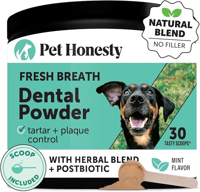 Pet Honesty Dog Breath Freshener Dental Powder for Teeth Cleaning Plaque Off, Dental Care for Dogs, Tartar Remover for Teeth with Natural Herbal Blend + Postbiotcs (30 scoops)