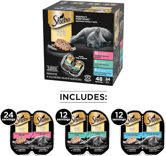 SHEBA PERFECT PORTIONS Cuts in Gravy Adult Wet Cat Food Trays (24 Count, 48 Servings), Gourmet Salmon, Sustainable Tuna, And Delicate Whitefish & Tuna Entrée, Easy Peel Twin-Pack