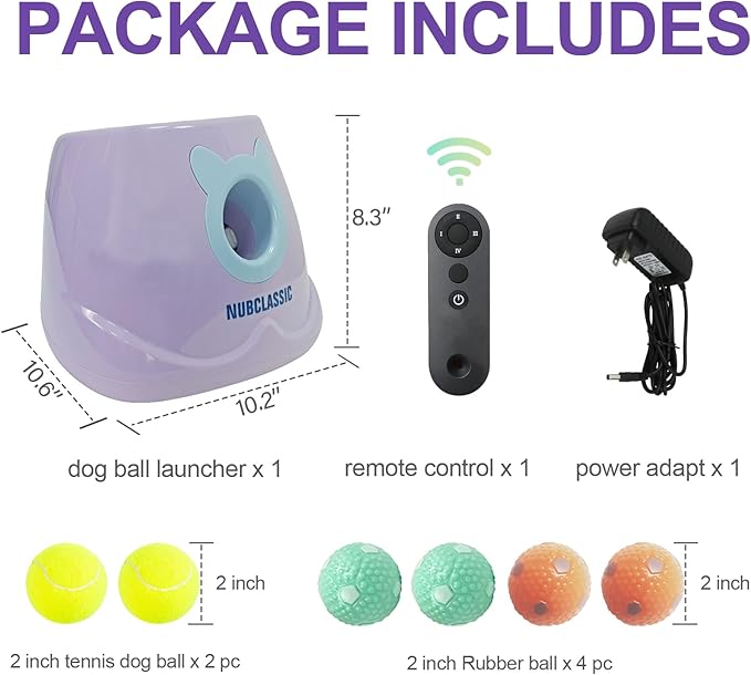 BESTHLS Automatic Ball Launcher for Dogs Interactive Tennis Ball Thrower Machine for Small Medium Dogs Fetching Distance 10-30ft, 6pc Balls Included (Purple, with Remote)