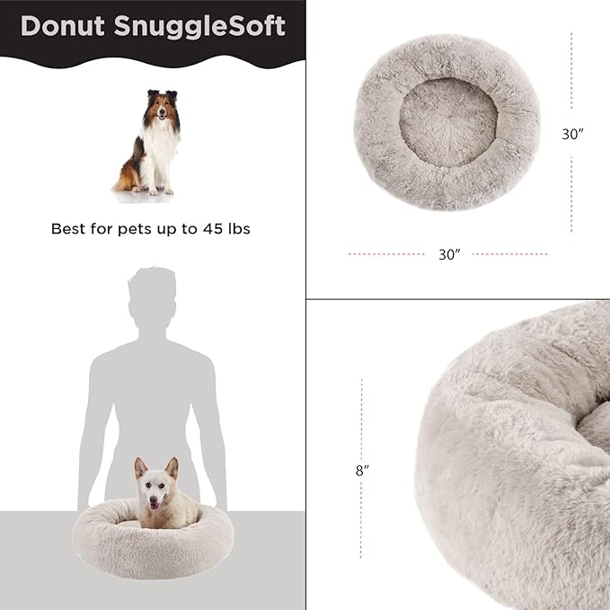 Best Friends by Sheri SnuggleSoft Faux Rabbit Fur Memory Foam Calming Donut Bed for Dogs and Cats, Brown, 30" x 30"