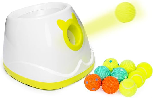 Automatic Ball Launcher for Dog, Including 9 Small Sized 2-inch Balls, Adjustable Launch Distance, Suitable for Small to Medium Sized Dogs (White)