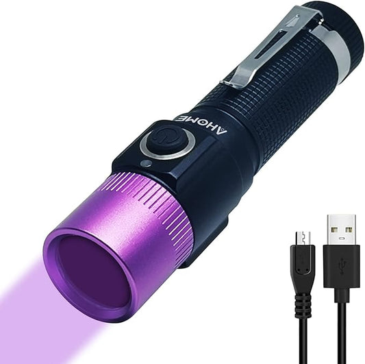 V10S UV 365nm Blacklight Flashlight [Purple Head] & [USB Rechargeable] Black Light Ultraviolet LED Lamp, Scorpion Finder & Pet Urine Detector with Charging Cable