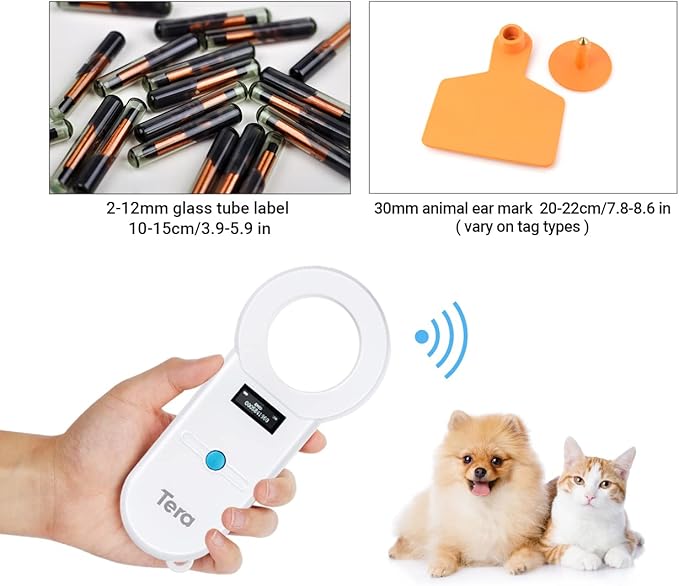 Tera Pet Microchip Reader Scanner RFID Portable Animal Chip ID Scanner with OLED Display Screen Rechargeable Data Storage Tag Scanner Supports EMID FDX-B(ISO11784/85) for Dog Pig Animal Management H01