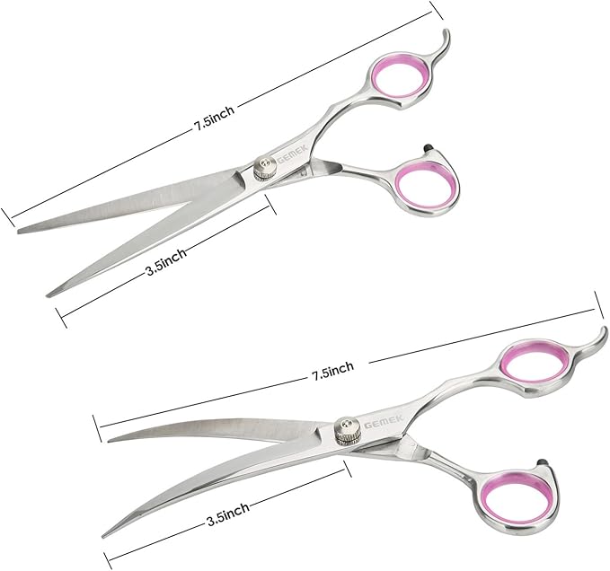 GEMEK Pet Cat Dog Grooming Scissors Set 4 Pieces Stainless Steel Professional Pet Trimmer Kit - 7.5 inch Straight Cutting Scissors, Thinning Shears, Curved Scissors, Grooming Combs