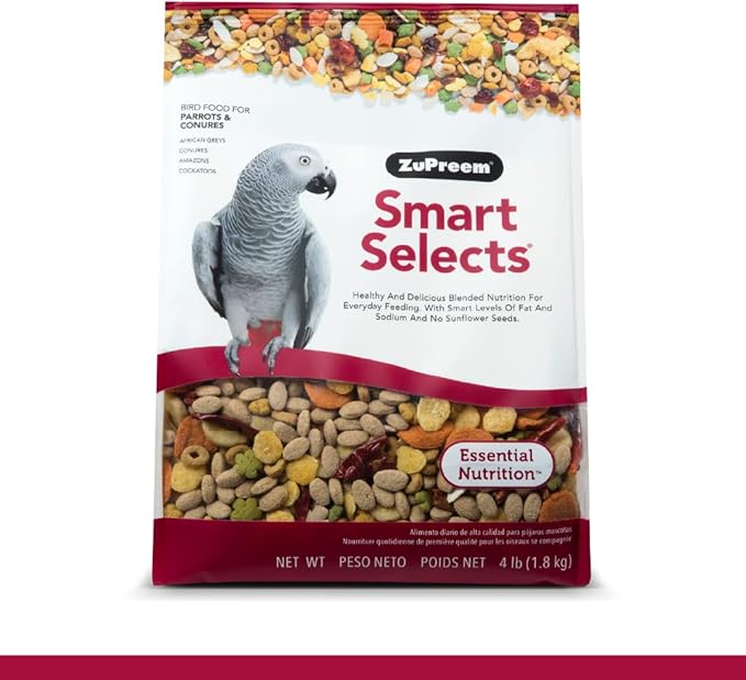 ZuPreem Smart Selects Bird Food for Parrots & Conures, 4 lb - Everyday Feeding for Caiques, African Greys, Senegals, Amazons, Eclectus, Small Cockatoos