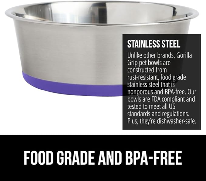Gorilla Grip Stainless Steel Metal Dog Bowl Set of 2, Rubber Base, Heavy Duty Feeding Dishes, Food Grade BPA Free, Less Sliding, Quiet Pet Bowls for Cats and Dogs, Holds 6 Cups (48 fl oz), Purple