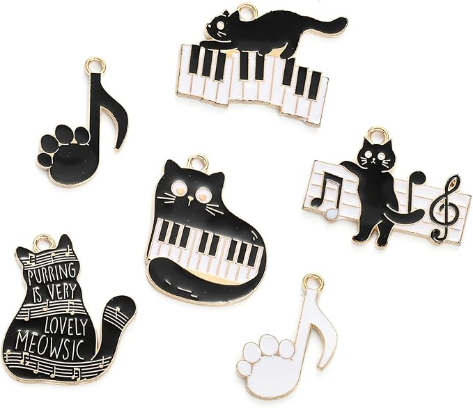KitBeads 30pcs Black White Music Charms Cute Kitten Piano Music Note Charms Cartoon Black Paw Pint Cat Charms for Jewelry Making Bracelets Bulk