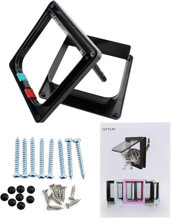 CEESC Cat Flap Door Magnetic Pet Door with 4 Way Lock for Cats, Kitties and Kittens, 2 Sizes and 2 Colors Options (M- Inner size: 6.18"(W) x 6.30"(H), Black)