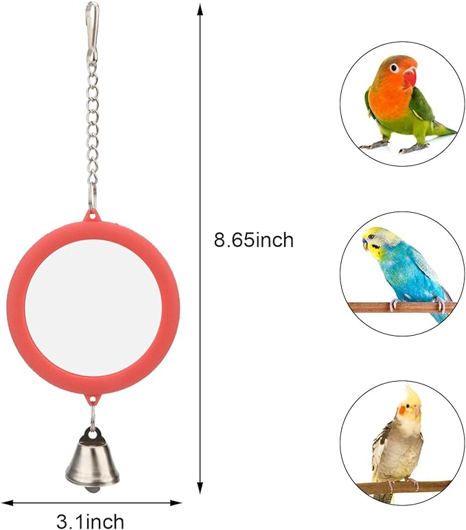 Pet Bird Mirror with Bell Interactive Parrot Toy Bird Cage Mirror for Cockatiel Parakeets Canaries Budgie (RED)