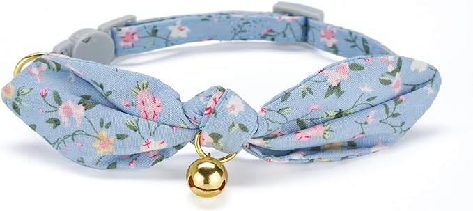 2 Pack Breakaway Cotton Cat Collars with Cute Bunny Ear Bowtie and Bell, Floral Female Male Kitten Collars(Pink & Blue)