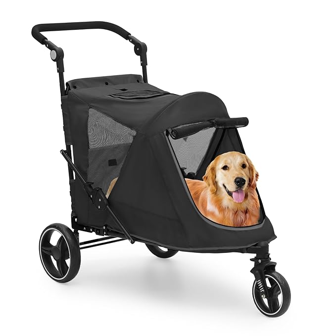 MoNiBloom Pet Stroller for Large Dogs or Multiple Dogs Cats with Adjustable Handle, 3-Wheels Dual Entry Portable Dog Carting Easy Folding Pet Wagon Double Dog Stroller up to 55 lbs, Black