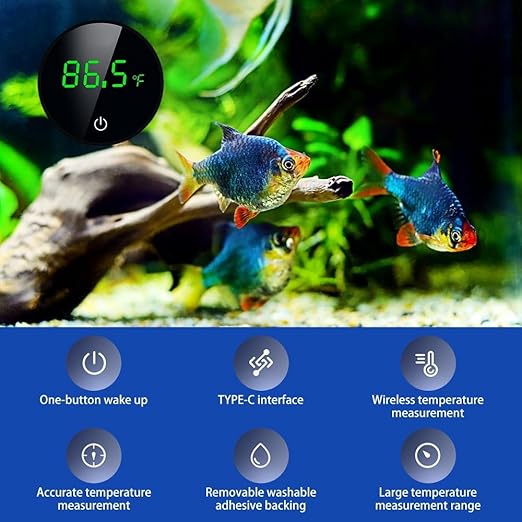 Aquarium Thermometer,USB LED Stick-on Digital Fish Tank Thermometer with Touch Buttons ℃/℉ for Fish Turtle Aquarium Temperature Measurement