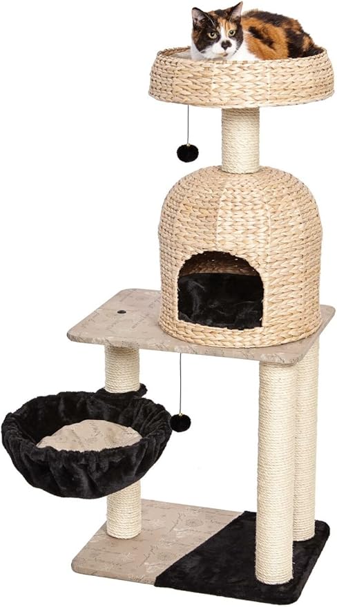 MidWest Homes for Pets Cat Tree | Reid Cat Furniture, 3-Tier Cat Activity Tree w/ Sisal Wrapped Support Scratching Posts & Dangle Play Balls, Woven Rattan & Script Medium Cat Tree