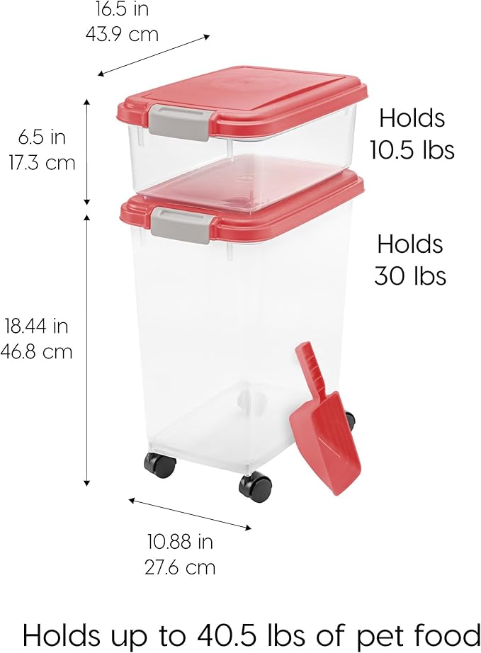 IRIS USA 3-Piece 41 Lbs / 45 Qt WeatherPro Airtight Pet Food Storage Container Combo with Scoop and Treat Box for Dog Cat and Bird Food, Translucent Body, Easy Mobility, Red