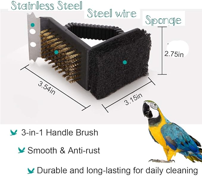 Bonaweite Bird Cage Cleaner, Bird Cage Cleaning Brushes, Multi-function Stainless Steel Triangle Bird Cage Brush Set, Birdcage Cleaner Poop off Scrub Brush Kit for Cleaning Bird Cage Perch Kennel