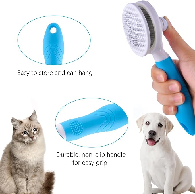 Cat Grooming Brush, Self Cleaning Slicker Brushes for Dogs Cats Pet Grooming Brush Tool Gently Removes Loose Undercoat, Mats Tangled Hair Slicker Brush for Pet Massage- Upgraded (BLUE)