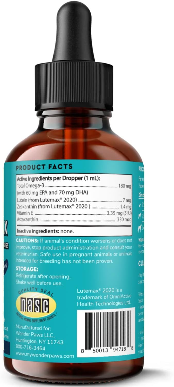Premium Eye Supplement For Dogs – Tear Stain Supplement For Dogs, Eyes, Vision & Macular Health - Eye Support for Dogs with Lutein, Zeaxanthin, Astaxanthin & Omegas - All Ages, Sizes & Breeds – 2oz