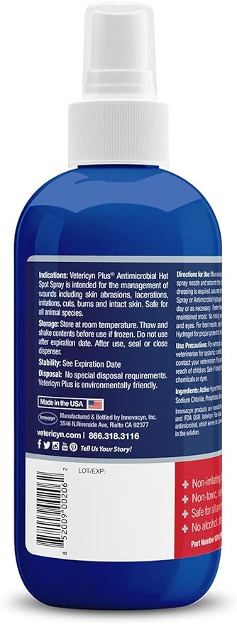 Vetericyn Plus Hot Spot Spray for Dogs Skin Sores and Irritations | Itch Relief for Dogs and Prevents Chewing and Licking at Skin, Safe for All Animals. 8 Ounces