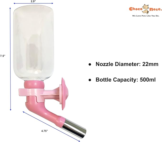 Choco Nose Patented Large No-Drip Water Bottle/Feeder ONLY for Large Size Dogs Over 50 lbs - for Wire Cages, Crates or Kennels. 16 oz. X-Large Nozzle 22mm, Pink (C570)