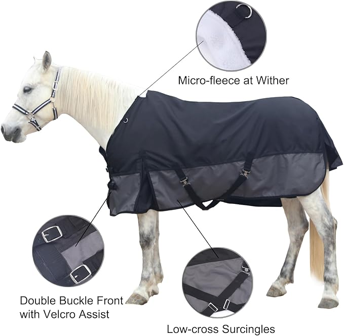 1200 Denier Rip-Stop Turnout Rain Sheet Lightweight Waterproof Breathable Horse Blanket (No Fill) BlackGrey 75"