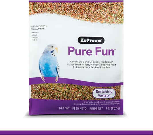 ZuPreem Pure Fun Bird Food for Small Birds, 2 lb Bag | Powerful Blend of Seeds, Natural FruitBlend Pellets, Vegetables, Fruit for Parakeets, Budgies, Parrotlets, Canaries, Finches