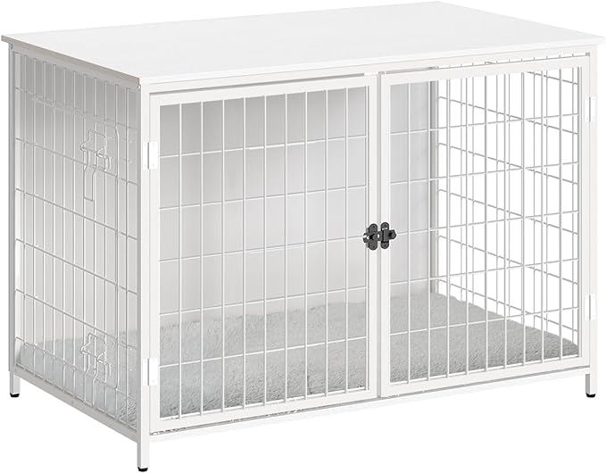 Dog Crate Furniture with Cushion, Wooden Dog Kennel with Double Doors, Heavy Duty Dog Cage for Small/Medium/Large Dogs, Indoor Dog House End Table, 39.4" L, White DCBW10701