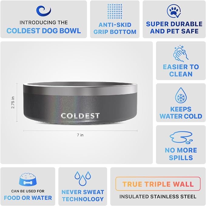 Coldest Dog Bowl - Anti Rust Metal & Non Slip Dog Bowls Large, Spill Proof Heavy Duty 3 Layers Insulated Dog Bowl - Food and Water Bowl for Dogs, Cats & Pets, Dishwasher Safe (42 oz, Stardust Glitter)