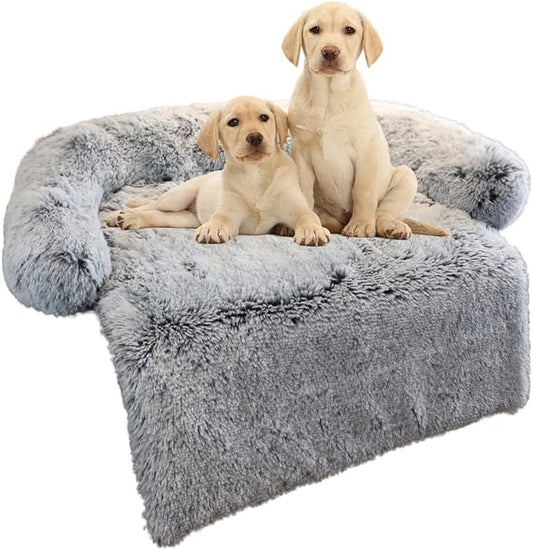 Calming Dog Bed Fluffy Plush Dog Mat for Furniture Protector with Removable Washable Cover for Large Medium Small Dogs and Cats (Medium, Light Grey)