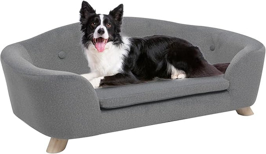 SHAVI Large Cat Sofa, 35" Wide Dog Couch for Large and Medium Cats Dogs, Low Back Pet Sofa with Washable Cushion, Luxury Velvet Lounging Bed with Anti-Slip Bottom(Grey)