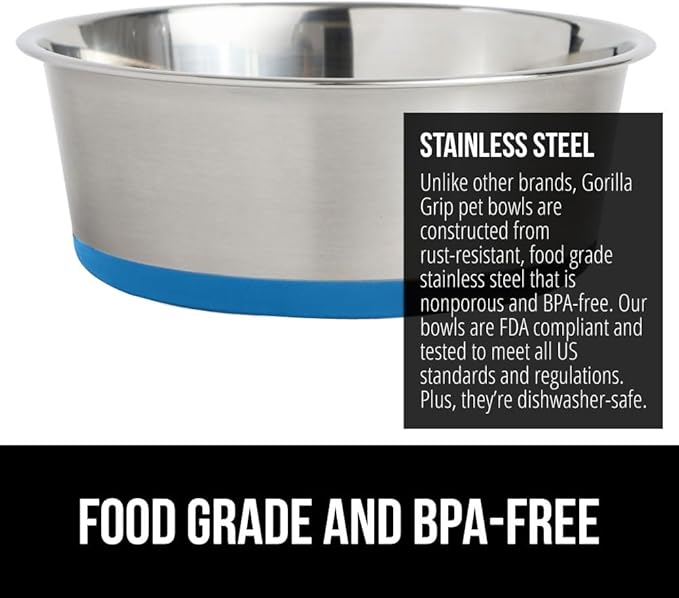 Gorilla Grip Stainless Steel Metal Dog Bowl Set of 2, Rubber Base, Heavy Duty Feeding Dishes, Food Grade BPA Free, Less Sliding, Quiet Pet Bowls for Cats and Dogs, Holds 2 Cups (16 fl oz), Aqua