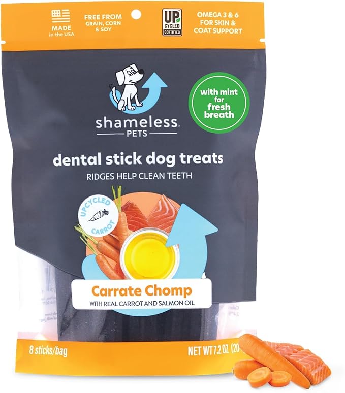 Shameless Pets Dental Treats for Dogs, Carrate Chomp - Healthy Dental Sticks with Skin & Coat Support for Teeth Cleaning & Fresh Breath - Dog Bones Dental Chews Free from Grain, Corn & Soy