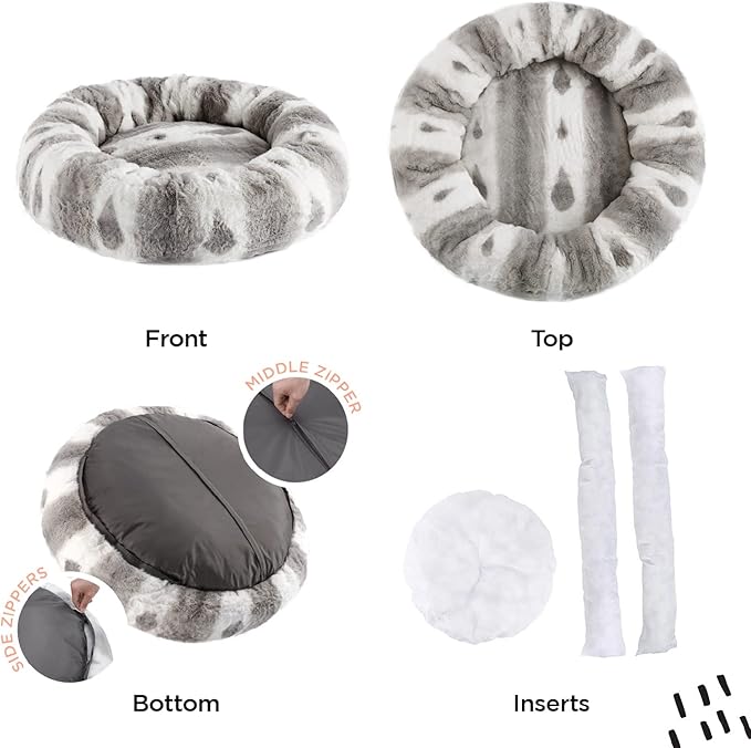 Best Friends by Sheri Patterned Lux Faux Fur Calming Large Donut Dog Bed, Gray, 30" x 30"