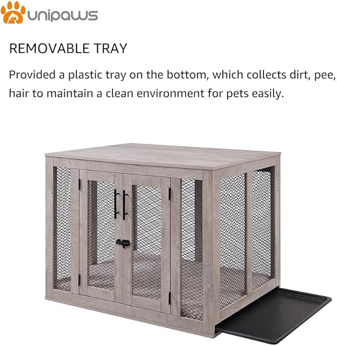 unipaws Large Dog Crate Furniture, Wooden Dog Kennel for Large Breed, Indoor Decorative Wood Dog Cage, Inside Side End Table Crate with Tray and Dog Bed, Dog Enclosure, for Dogs Up to 70 lbs