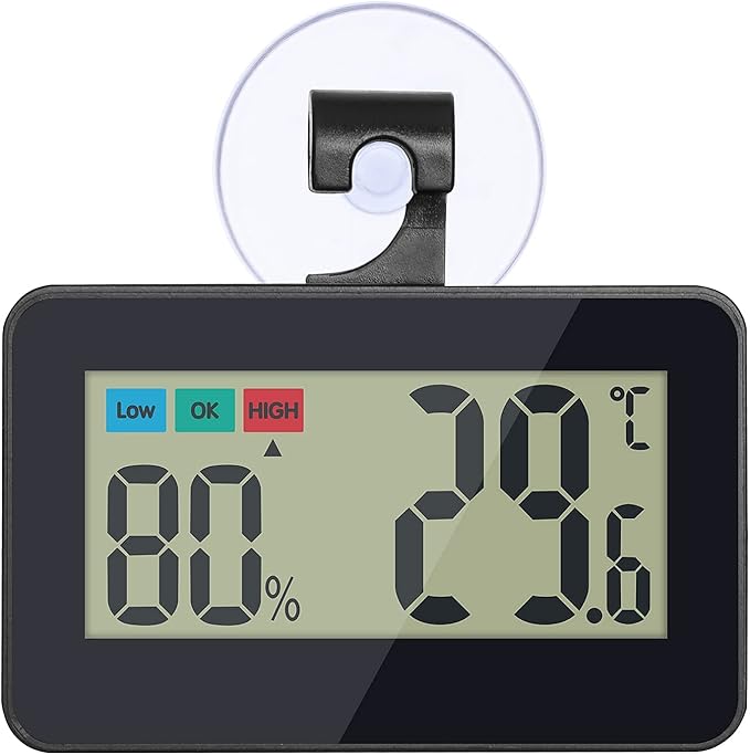 Reptile Thermometer Hygrometer Reptile Terrarium Thermometer Hygrometer Digital Display Pet Rearing Box Reptiles Tank Thermometer Hygrometer with Suction Cup and Hook (Black)