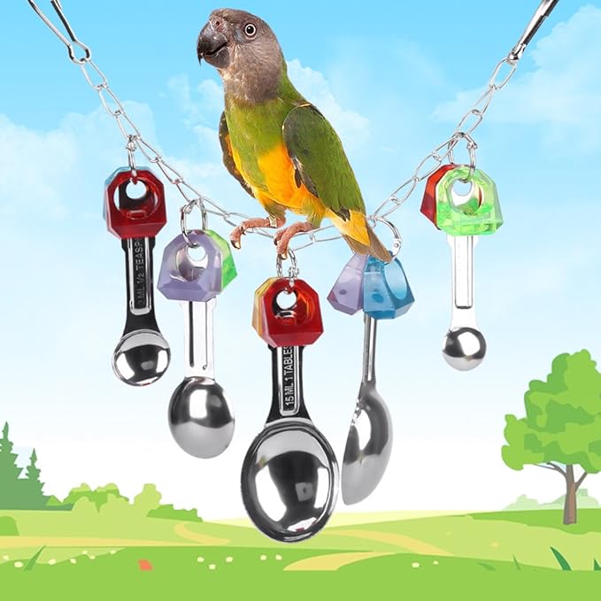 Fdit Bird Chew Toy with Metal Spoons Colorful Hanging Chewing Toy Lovebirds Cage for Parrots Parakeet Cockatiel Conure