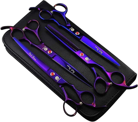 Purple Dragon Professional 7.0 inch 4PCS Pet Grooming Scissors Kit Japan Premium Steel Straight & Curved & Thinning Blade Dog Hair Cutting Shears Set with Case