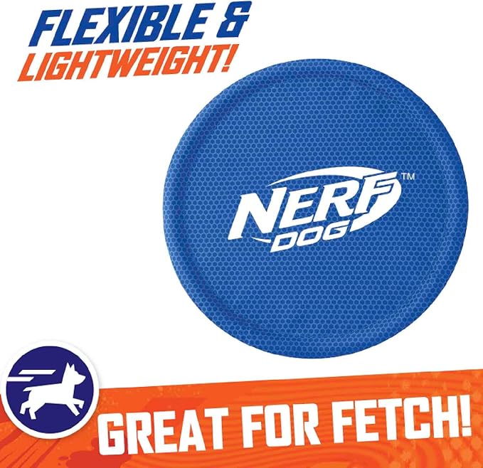 Nerf Dog Nylon Flyer Dog Toy, Flying Disc, Lightweight, Durable and Water Resistant, Great for Beach and Pool, 9 inch diameter, for Medium/Large Breeds, Single Unit, Blue