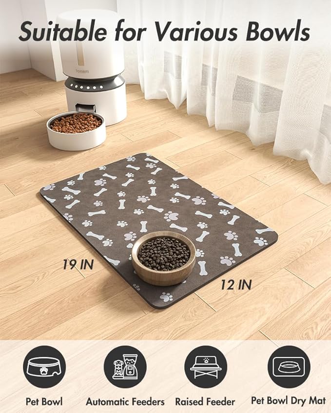 Pet Feeding Mat-Absorbent Dog Food Mat-Dog Mat for Food and Water-No Stains Quick Dry Dog Water Dispenser Mat-Pet Supplies-Dog Placemat Dog Water Bowl for Messy Drinkers 12"X19" Brown