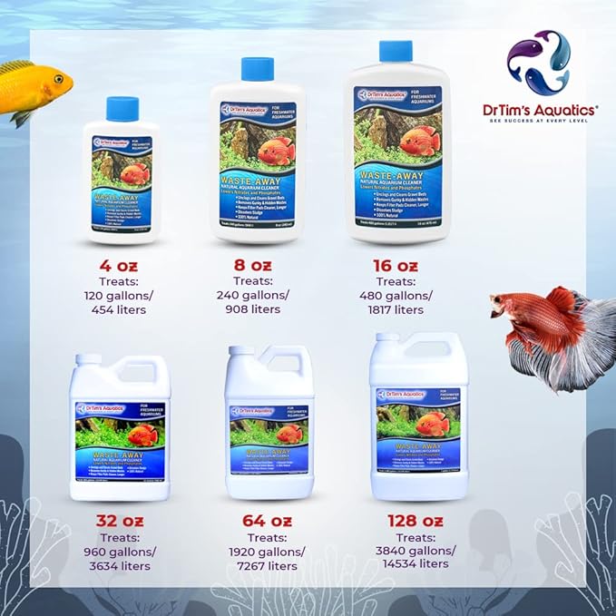 DrTim's Aquatics Freshwater Waste-Away – Natural Fish Tank & Aquarium Waste Management Solution for Dissolving Cleaning Organic Sludge - 4 oz. Treats 120 gal.