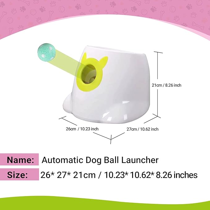 Automatic Dog Ball Launcher with Remote Control - Interactive Fetch Machine Thrower for Small and Medium Sized Dogs with 6 High-Bounce Washable Latex Balls, Training Clicker, and Whistle - White