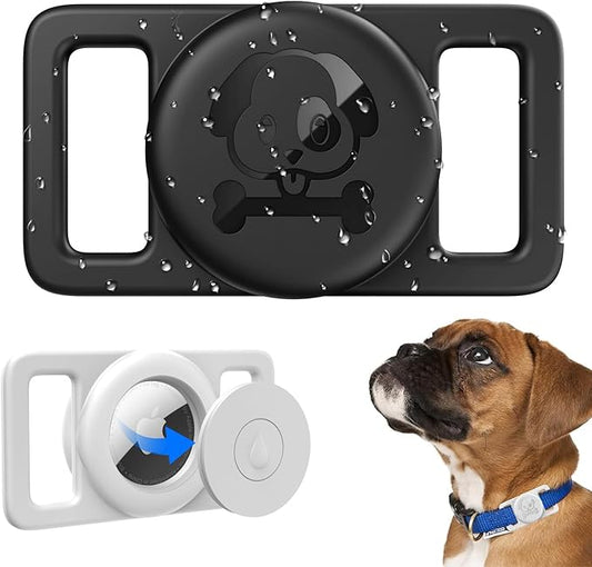 Airtag Dog Collar Holder Waterproof [2 Pack] Silicone Full Body Covered Ultra-Durable Lightweight Case Anti-Lost Protective Apple Air Tag Holder for Pet Dogs & Cats Collars (Black & White)