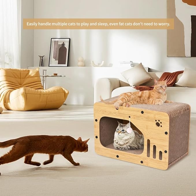 Cat Scratcher House, Cat Scratcher Board Cat Cave with Hanging Ball Toy，Large Space Cardboard Cat Bed Condo，Suitable for Cats to Rest&Scratching Cat Scratch Pad