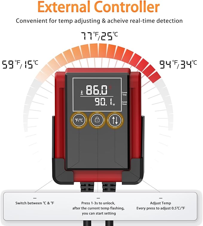 AQQA Aquarium Heater 500W Heater for Fish Tank 53-130 Gal PTC Submersible Heater with External Digital Controller Adjustable Temp Range 59-94℉ Over-Temperature Protection (500W for 53-130Gal)