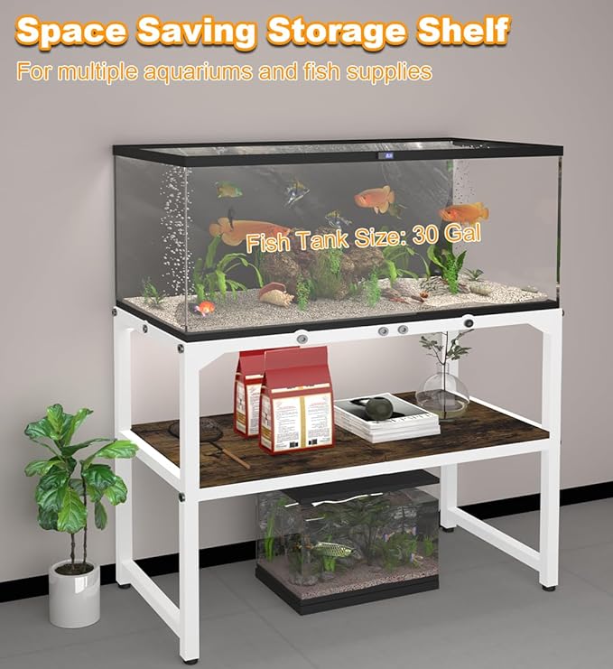 30 Gallon Fish Tank Stand with Shelf for Accessories Storage, 2 Tiers Heavy Duty Metal Aquarium Stand, Breeder Tank Turtle Reptile Terrariums Stand Rack for Home Office, 30" L x 12" W, White