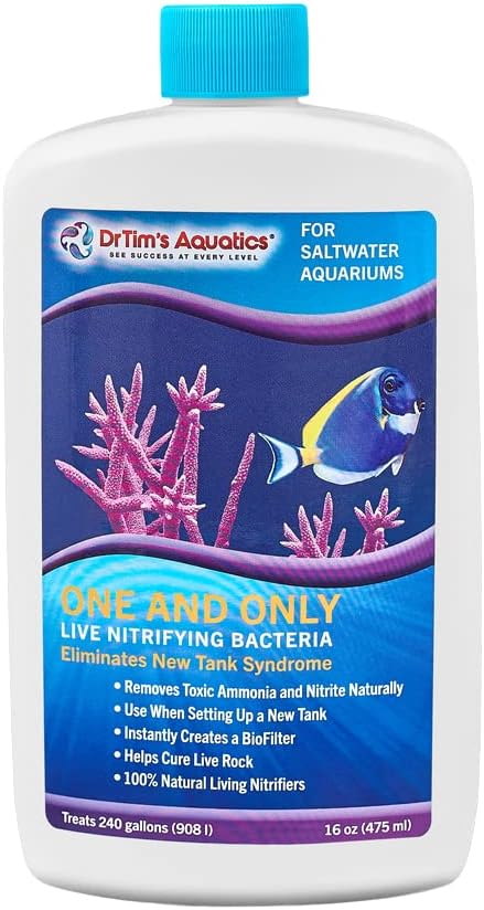 Dr. Tim’s Aquatics Saltwater One & Only Nitrifying Bacteria – For New Fish Tanks, Aquariums, Water Filtering, Disease Treatment – H20 Pure Fish Tank Cleaner – Removes Toxins – 16 Oz.