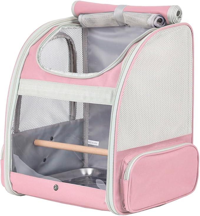 Bird Carrier Backpack with Wooden Stand Perch, Bird Travel Carrier Backpack (Pink, Bird Backpack)