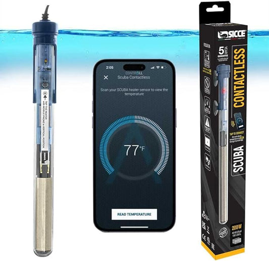 Sicce Scuba 200 Watt Aquarium Fish Tank Heater Smartphone Controlled via NFC Contactless App Adjustable | 200W Submersible for Marine Saltwater and Freshwater | Run Dry Protection