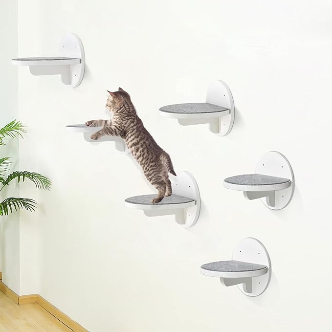 Y&ME YM 6-Packs Cat Climbing Shelves Wall Mounted, Cat Wall Steps Shelves, Cat Wall Shelves with Scratching Pad, Cat Wall Furniture for Cats Sleep Climb Play, Cat Shelves Cat Stairs Cat Ladder (White)