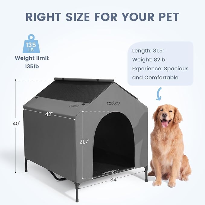 42” Outdoor Dog House for Large Breeds, Durable Large Dog Shelter with Weatherproof 600D PVC Canopy, Breathable 2x1 Textilene Fabric Elevated Dog Bed, XL Dog Kennel for Outside Use