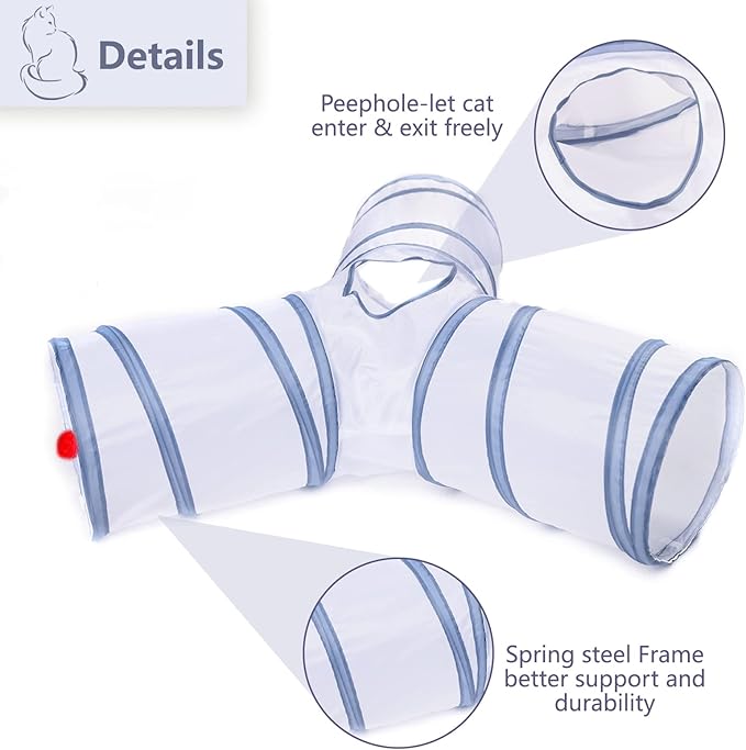 Cat Tunnel, Collapsible Tube with 1 Play Ball Toys, 3 Ways Tunnels for Indoor Cats, Puppy, Kitty, Kitten, Rabbit (White and Gray)